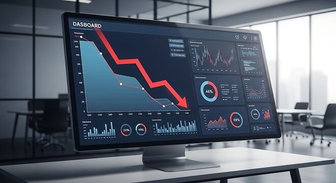 Financial Dashboard Displaying Downtrend with Red Arrow and Various Data Charts