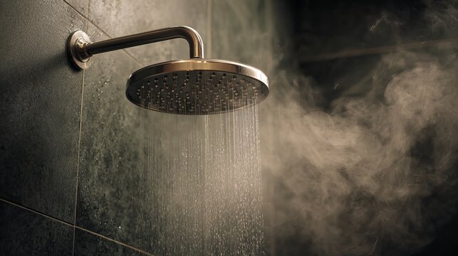 Steamy luxury shower experience with rainfall cascading onto dark tiled wall