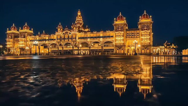 Spectacular illuminated palace at night during mysore dasara creating vibrant reflection and unforgettable experience during cultural festival