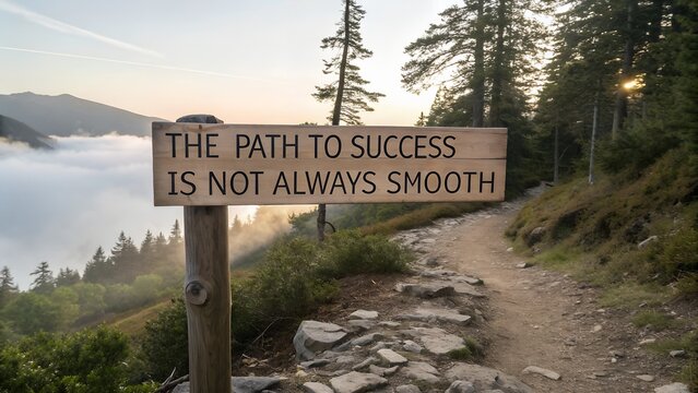 Inspirational Path Sign for Success with Misty Landscape Background