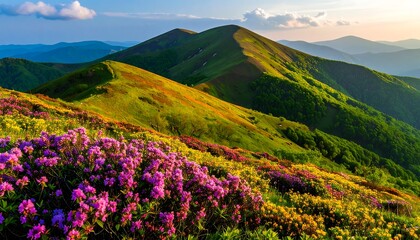 Mountain Meadow Sunset, Blooming Rhododendrons