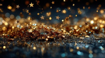 Gold glitter confetti with falling particles in circular shape and stars on transparent background