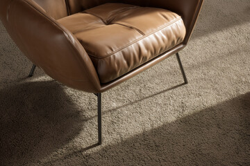 Close-up empty leather chair on a carpet in light brown tones