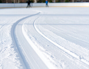 A close-up of skate blade tracks deeply carved into pristine, freshly Zambonied ice, showing precise movement.