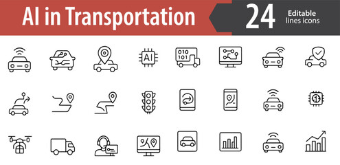 AI in Transportation Line Icons Set, Artificial Intelligence, Autonomous Vehicles, Smart Mobility, Traffic Management, Editable Formats: AI, EPS, JPG, PNG, Ideal for Both Digital and Print Use
