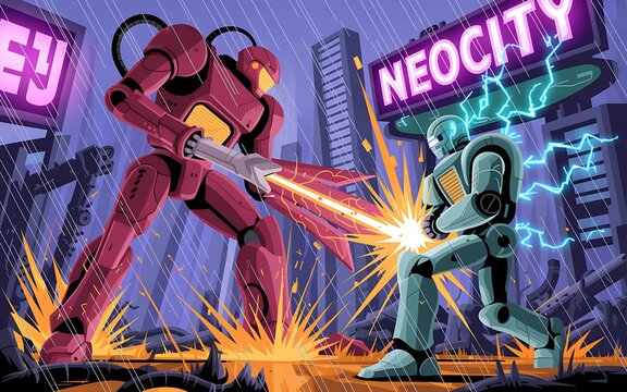 Epic robot battle in neon cityscape futuristic war between giant mechs blasting lasers amid cyberpunk metropolis