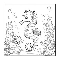 Seahorse in the ocean with corals and bubbles coloring page