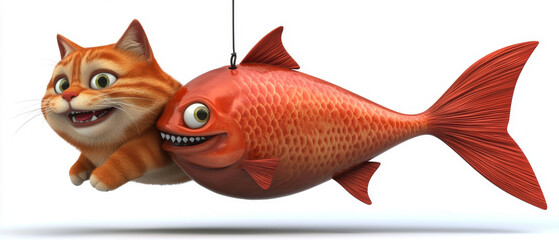 Playful ginger cat catches a large, orange fish