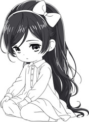 Cute anime girl sitting in flower field, black and white line art, kawaii character illustration, peaceful drawing for coloring book