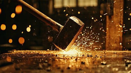 a super extreme close up shot of an old fashioned hammer head slamming down on a wooden workbench, onto a pool of liquid, sparks fly, 