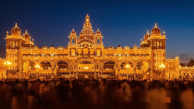 Illuminated palace a night of festive splendor rich traditions and cultural heritage during grand dasara celebrations of mysore