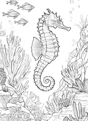 Seahorse in the ocean with corals and bubbles coloring page