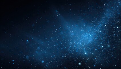 Deep space, a dark blue background strewn with luminous, glittering particles, creating a cosmic, starry effect