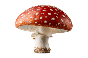 Vibrant red mushroom with white spots on cap