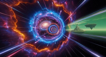 A vibrant cosmic vortex with a swirling galaxy, radiating energy and light, tunnels through space and a floating city glides through the vibrant nebula.