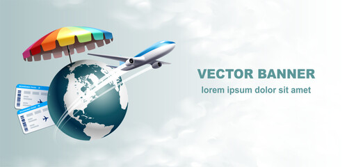 Air travel concept: plane, planet earth, boarding passes, umbrella