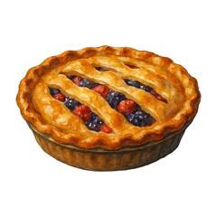 Vector watercolor illustration of a berry pie. Dessert with juicy berries, sweet crust and artistic texture. Perfect for food design, stickers, menus, packaging, scrapbooking and bakery decor.
