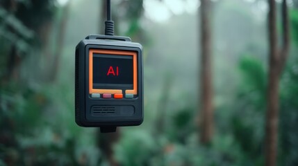 AI-powered environmental monitoring concept. A compact device marked "AI" hangs in a dense forest, symbolizing smart ecological tracking and nature-based disaster detection.