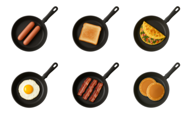 Collection of breakfast foods in frying pans including hotdogs toast omelette sunny side up egg bacon and pancakes on white background