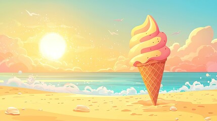 Flat-art scenery of beach background with ice cream cone collapsing into sandy puddle, animated sun glare and sparkling waves