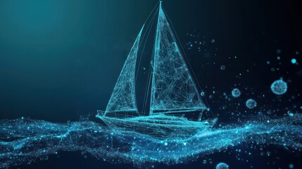 Abstract polygonal sailboat sailing on digital ocean waves.