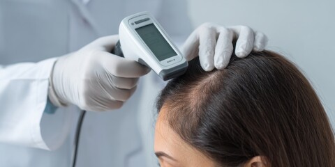 Hair loss treatment session in a clinical setting focusing on scalp analysis technology