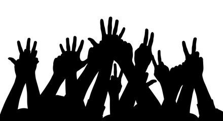 Silhouette of many raised hands in a crowd, signifying celebration or excitement.
