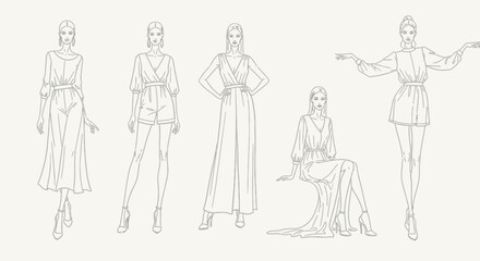 Fashion illustrations showcasing elegant women in various stylish dresses and poses, all in monochrome.
