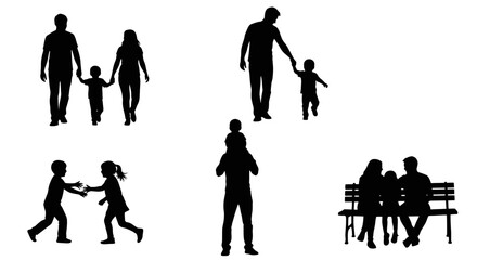 Silhouettes of families engaged in various activities, including walking, playing, and caring for children.