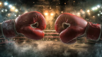 Boxing gloves facing each other in a smoky arena.