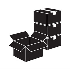 Black and white illustration of an open box next to a stack of closed boxes cardboard