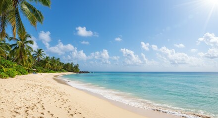 Fototapeta premium Serene Tropical Beach Paradise with Turquoise Waters and Palm Trees Under a Clear Blue Sky