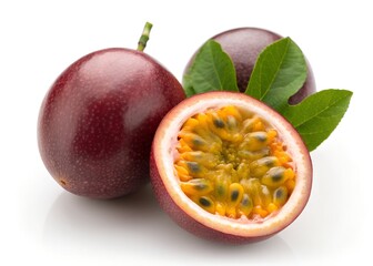 Passion fruit, showcasing the vibrant pulp and seeds, ready to enjoy in all its glory. white background