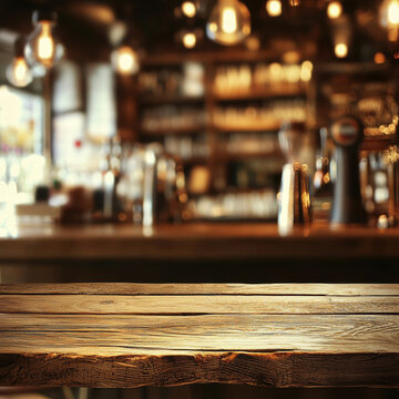 Rustic wooden table; blurred bar background