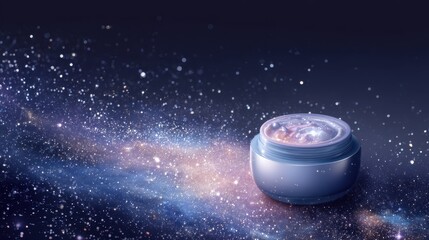 A sleek cosmetic jar holds a luminous swirling galaxy, floating amongst countless shimmering stars in a deep dark cosmic universe background. Beauty product.