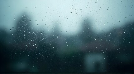 A moody and abstract view of a rainy day through a window covered in water droplets, with a blurry city or forest scene in the background.
