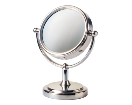 A silver double sided vanity makeup mirror with a round reflective surface, isolated on transparent background