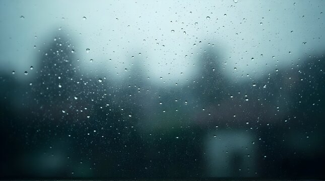 A moody and abstract view of a rainy day through a window covered in water droplets, with a blurry city or forest scene in the background.