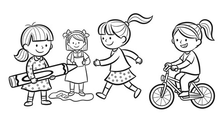 Cute little girls coloring, playing, and riding a bike together in a simple black and white line drawing