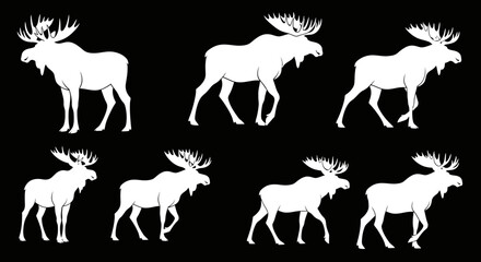 A collection of eight white moose silhouettes in various walking and standing poses against a black background.