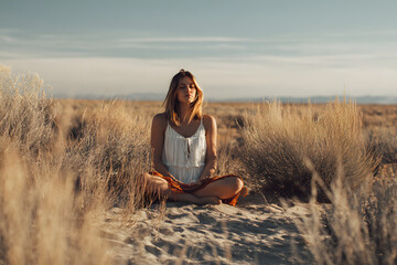 editorial film photo of a young white woman sitting in mindful meditating in nature by desert/sand for peace/clarity/mental wellbeing/balance magazine style