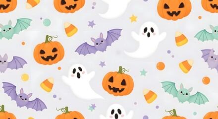 Fototapeta premium Halloween Pattern with Cute Ghosts Pumpkins Bats and Candy Corn in Cartoon Style
