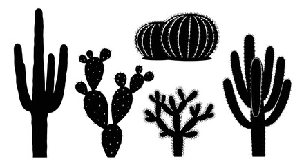 Silhouette illustration of five different types of cacti plants, including saguaro, prickly pear, and barrel cactus, arranged against a white background.