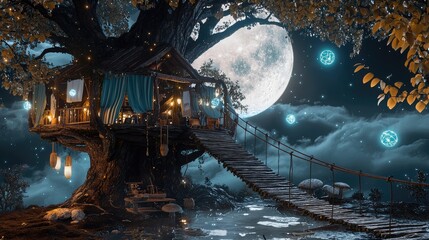 Naklejka premium Night scene, cosy moonlit druid treehouse sanctuary, wet environment, towering ancient oak canopy platform, large moon, bioluminescent 