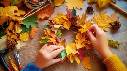 Family DIY moment crafting an autumn wreath with adult guiding child's hands, vibrant leaves and tools on a natural wooden table