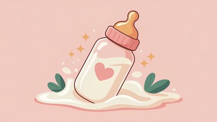 Vector illustration of a baby bottle with milk for feeding with a nipple decorated with a heart on a pink pastel background with space for text
