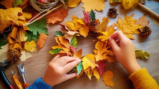 Family DIY moment crafting an autumn wreath with adult guiding child's hands, vibrant leaves and tools on a natural wooden table