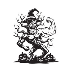 Fototapeta premium Muscular tree monster wearing witch hat with pumpkins