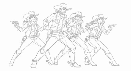 Four cowboys and cowgirls in Western attire, including hats, boots, and guns, stand in a dynamic pose, ready for action.