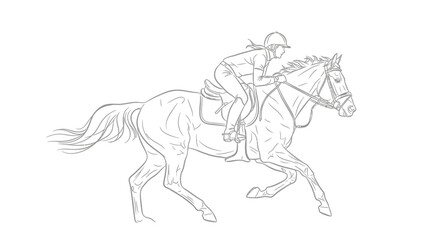 Line art illustration of a horse and rider in motion, galloping with the rider leaning forward in a racing posture.